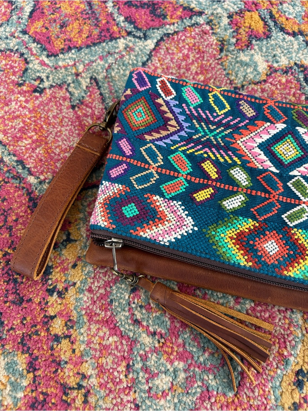 Guatemalan Artisan | Women’s Multicolor Canvas/Leather Boho Embroidered Clutch - Picture 4 of 14